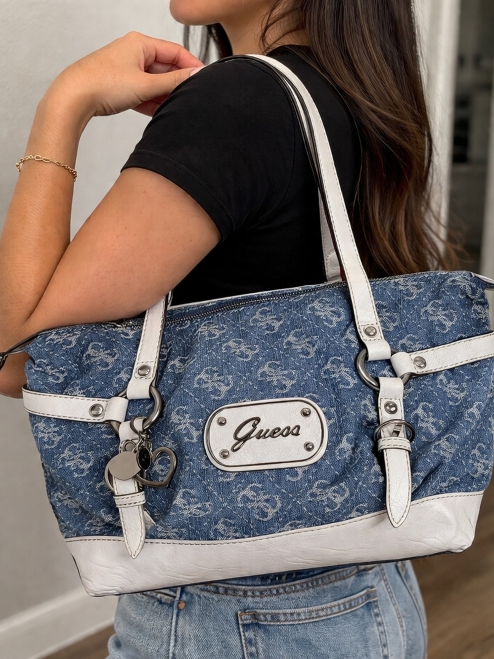 Guess Denim Logo Satchel – Blue & White | Chic Everyday Bag💙